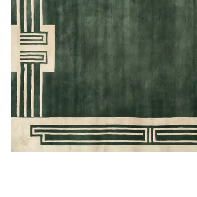 Elegant Verdant Citade Hand Tufted Wool Rug featuring a contemporary geometric design in deep green and cream tones. Perfect for large living room spaces, this area rug combines modern style with the luxurious texture of wool.