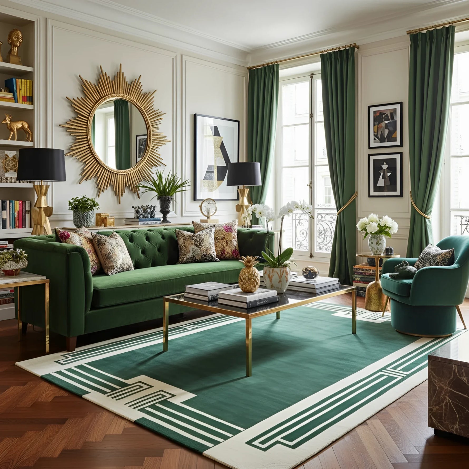 Luxurious living room with green sofa, a contemporary wool rug, decorative pillows, and a large mirror.