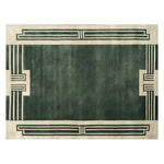 Top view of the Verdant Citade Hand Tufted Wool Rug, a sophisticated area rug with a deep green central field and geometric beige border. Perfect for large living rooms, this contemporary wool rug adds elegance and warmth to any space.