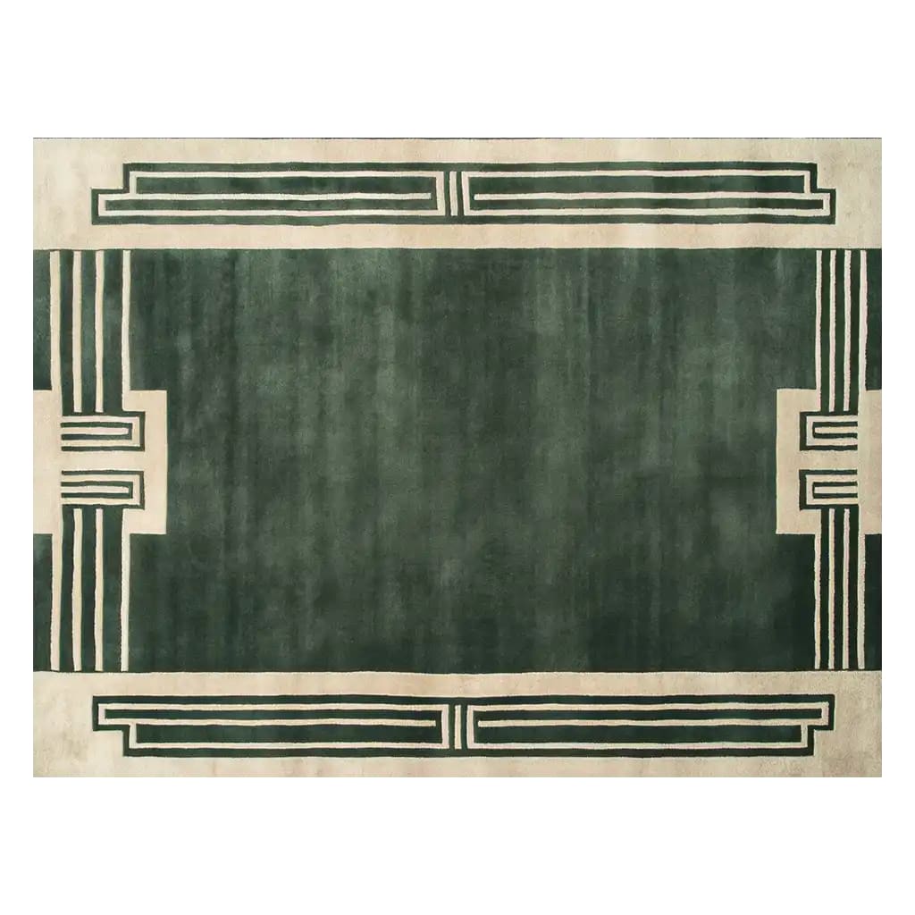 Top view of the Verdant Citade Hand Tufted Wool Rug, a sophisticated area rug with a deep green central field and geometric beige border. Perfect for large living rooms, this contemporary wool rug adds elegance and warmth to any space.