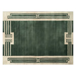 Top view of the Verdant Citade Hand Tufted Wool Rug, a sophisticated area rug with a deep green central field and geometric beige border. Perfect for large living rooms, this contemporary wool rug adds elegance and warmth to any space.