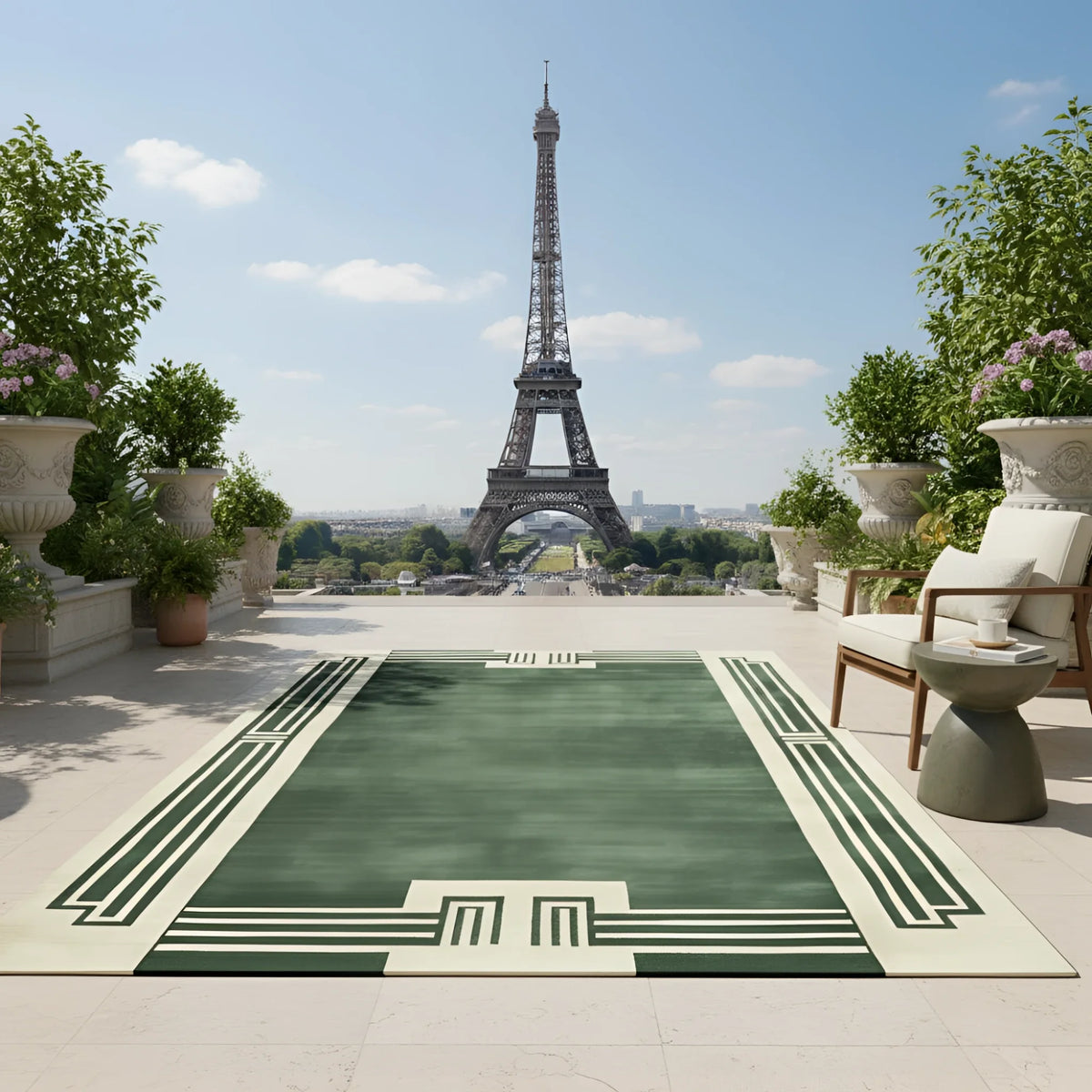 Decorative rug with Eiffel Tower view on a patio with plants and furniture.