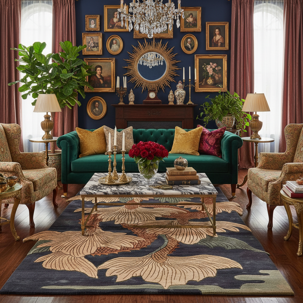 Luxurious living room with a green sofa, floral rug, and decorative wall art.