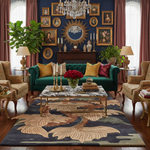 Luxurious living room with a green sofa, floral rug, and decorative wall art.