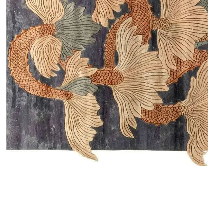 A detailed view of the Verdant Dragon Vista Hand Tufted Wool Rug, showcasing its intricate dragon design with earthy tones, perfect for large living room spaces. This area rug is an ideal choice for adding a touch of elegance to your living room with its high-quality wool material.