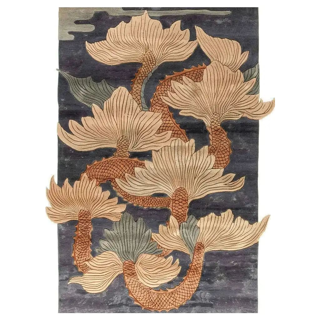 A beautifully crafted Verdant Dragon Vista hand-tufted wool rug featuring intricate abstract dragon motifs in earthy tones. This area rug is perfect for large living rooms, adding a touch of elegance and warmth. Ideal for those seeking high-quality area rugs for living room spaces.