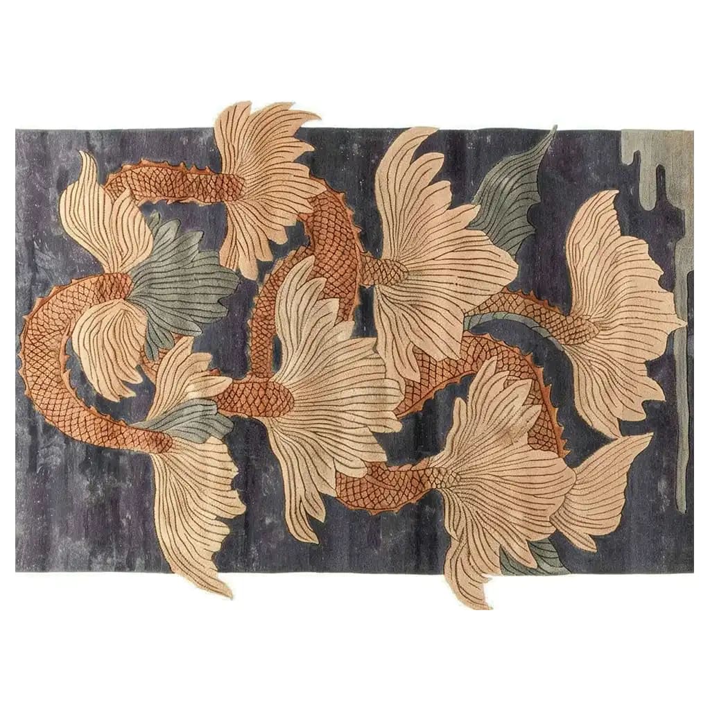 A beautifully designed area rug featuring an intricate pattern of swirling, abstract dragon motifs in earthy tones. Perfect for adding a touch of elegance to large living rooms, this wool rug combines style and comfort effortlessly. Ideal for those seeking unique area rugs for living room decor.