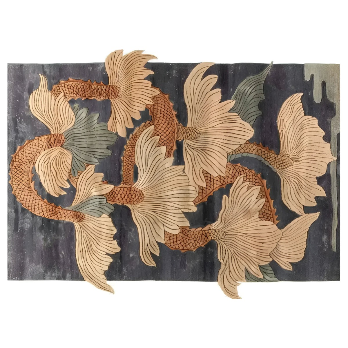 A beautifully designed area rug featuring an intricate pattern of swirling, abstract dragon motifs in earthy tones. Perfect for adding a touch of elegance to large living rooms, this wool rug combines style and comfort effortlessly. Ideal for those seeking unique area rugs for living room decor.