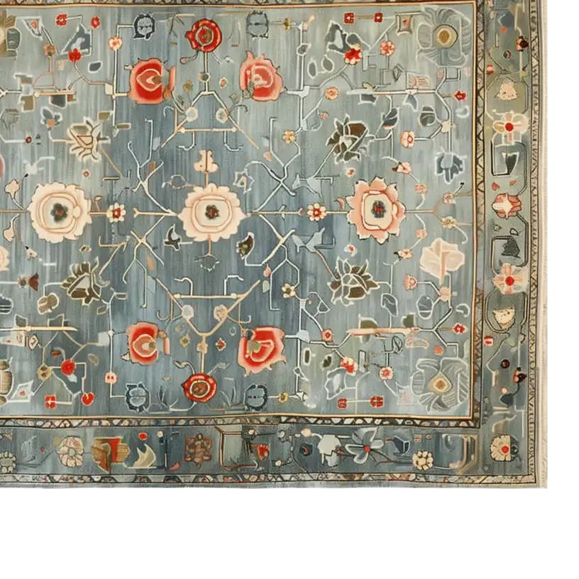 Top view of the Verdant Dreamscape Knotted Wool Rug featuring an intricate floral design in vibrant colors. This area rug is perfect for adding elegance to living room spaces, showcasing its quality as a wool rug.