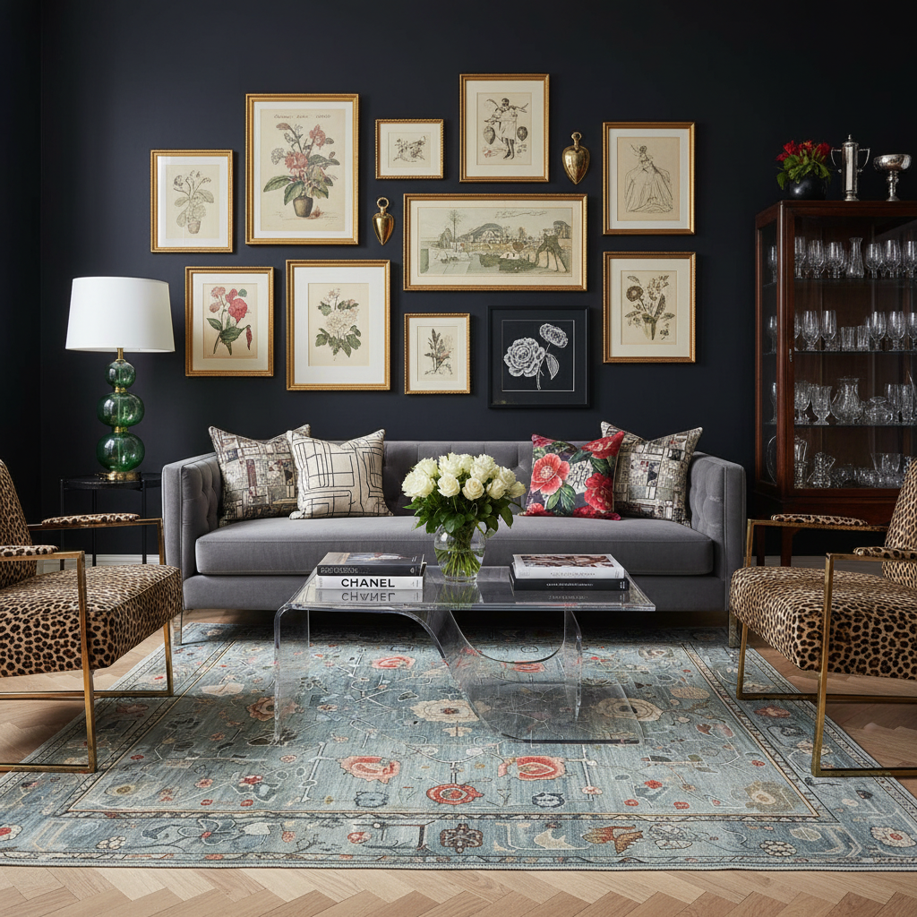 Living room with gray sofa, blue gray knotted rug, decorative pillows, and framed artwork on a dark wall.