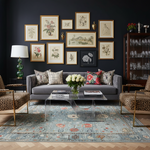 Living room with gray sofa, blue gray knotted rug, decorative pillows, and framed artwork on a dark wall.