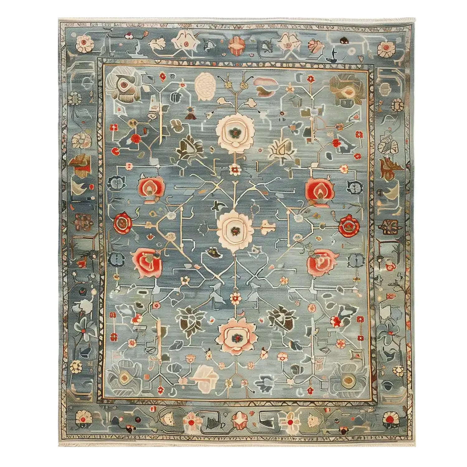 The Verdant Dreamscape Knotted Wool Rug showcases an exquisite design with intricate floral patterns set against a serene blue background. Perfect for adding elegance to any living room, this area rug is crafted from high-quality wool, offering both durability and a touch of luxury.