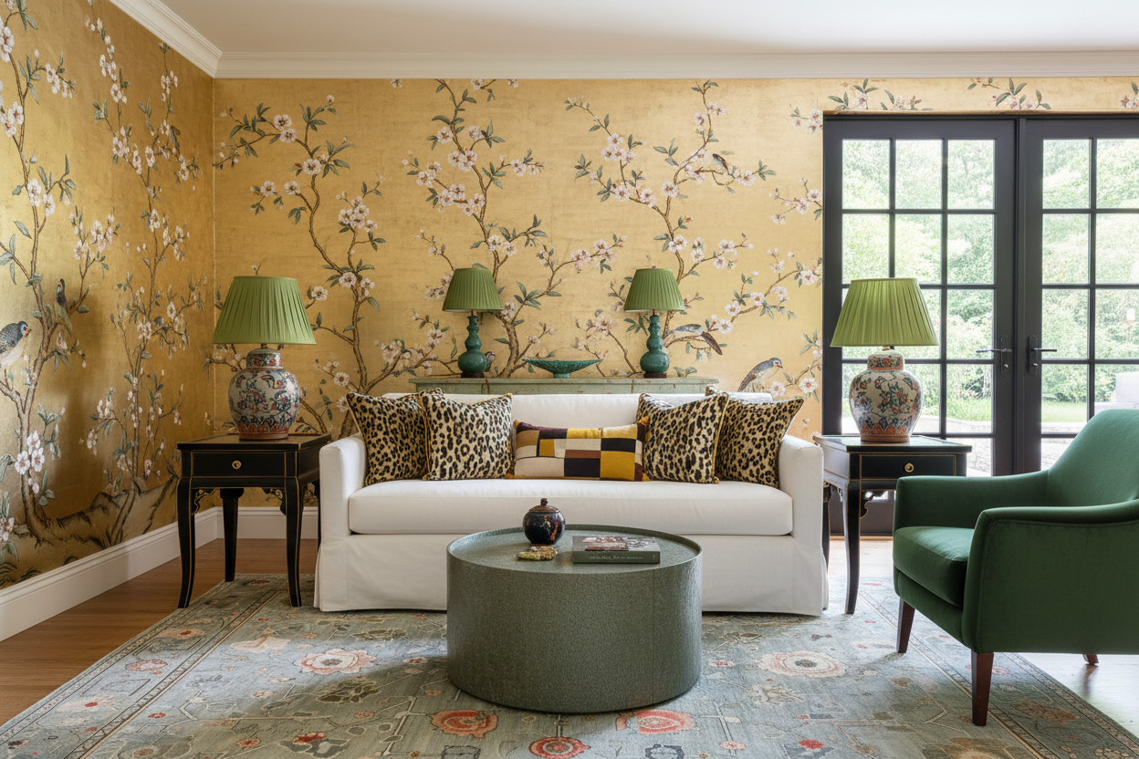 Living room with floral wallpaper, floral rug, white sofa, and green armchair.