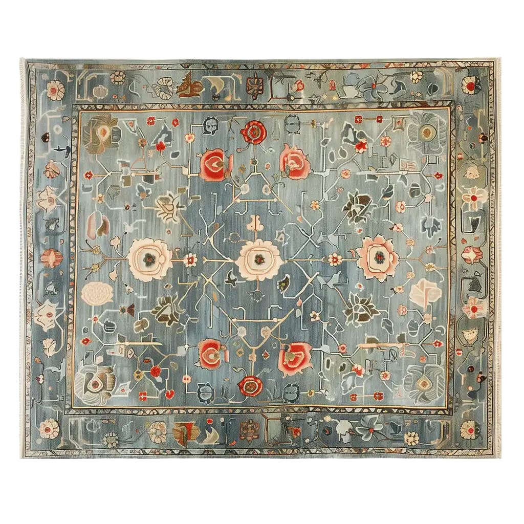 Top view of the Verdant Dreamscape Knotted Wool Rug, an exquisite area rug for living rooms featuring intricate floral patterns in vibrant reds and soft blues. This wool rug adds a touch of elegance and warmth to any space.