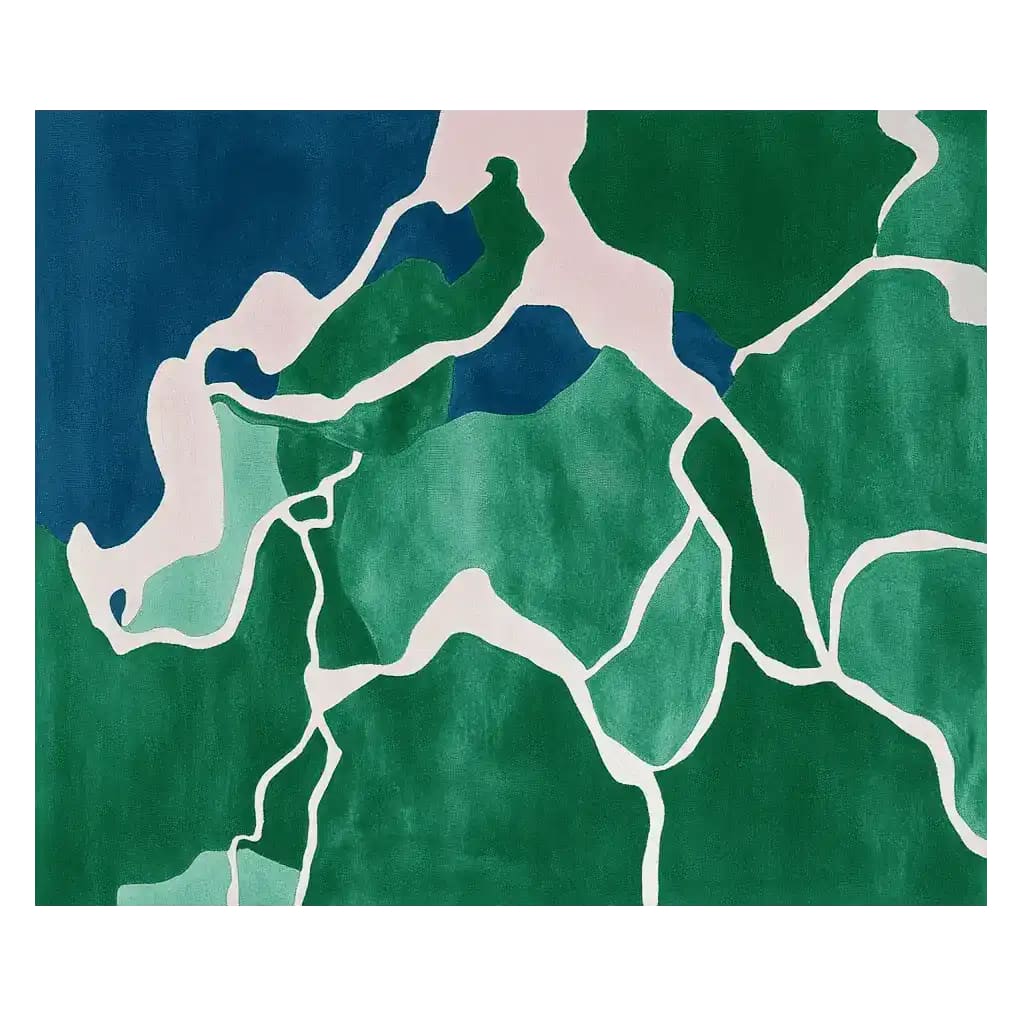 Top view of the Verdant Echo Flow hand-tufted area rug featuring an abstract design with green and blue hues, perfect for contemporary living rooms. This large wool rug adds a modern touch to any space, ideal as a centerpiece in your living room decor.