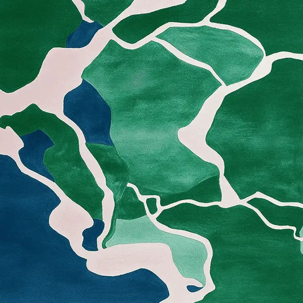 A vibrant hand-tufted area rug featuring an abstract design in rich greens and blues, perfect for contemporary living rooms. This large wool rug adds a touch of elegance and modern style to any space, making it an ideal choice for those seeking quality rugs for living room decor.