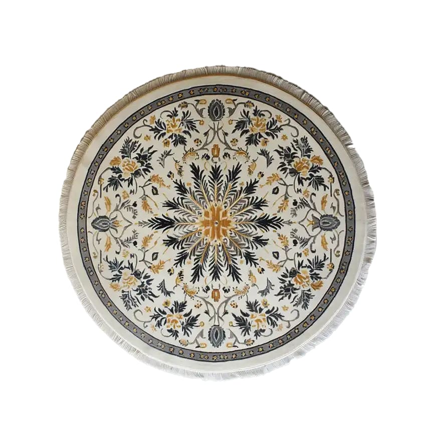 Top view of the Verdant Harmony Knotted Wool Rug, a stunning round area rug featuring intricate floral patterns in shades of yellow, gray, and black. Perfect for enhancing large living rooms with its elegant design and premium wool material.