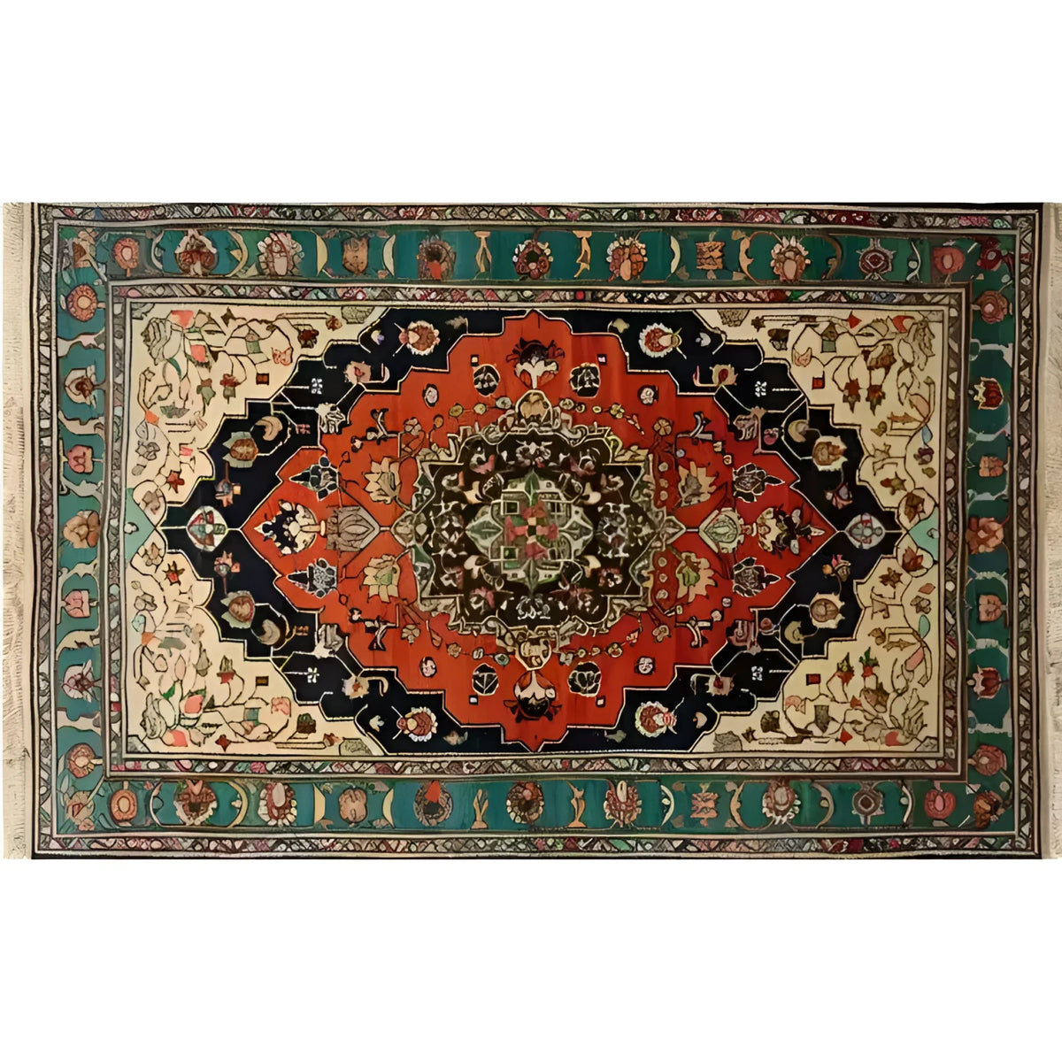 This image showcases the Verdant Haven Hand Knotted Area Rug, a striking Persian-style wool rug perfect for adding elegance to your living room. With its intricate floral patterns and vintage charm, this 8x10 rug features rich, vibrant colors including deep red, navy blue, and cream, making it an ideal centerpiece for any home decor.