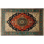 This image showcases the Verdant Haven Hand Knotted Area Rug, a striking Persian-style wool rug perfect for adding elegance to your living room. With its intricate floral patterns and vintage charm, this 8x10 rug features rich, vibrant colors including deep red, navy blue, and cream, making it an ideal centerpiece for any home decor.
