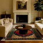 Elegant living room featuring the Verdant Haven Hand Knotted Area Rug. This stunning wool rug showcases a vintage Persian design, with intricate floral patterns in rich reds and greens. Perfectly sized for an 8x10 living room, this rug adds warmth and sophistication, making it an ideal choice for rugs for living room decor.