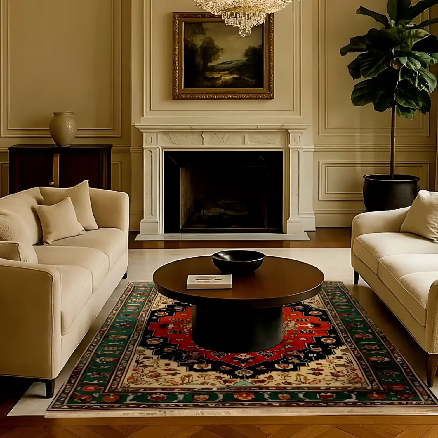 Elegant living room featuring the Verdant Haven Hand Knotted Area Rug. This stunning wool rug showcases a vintage Persian design, with intricate floral patterns in rich reds and greens. Perfectly sized for an 8x10 living room, this rug adds warmth and sophistication, making it an ideal choice for rugs for living room decor.