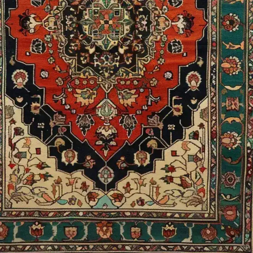Close-up of the Verdant Haven Hand Knotted Area Rug showcasing intricate Persian-inspired floral patterns in vibrant red, black, and cream colors, perfect for adding a vintage touch to living room spaces. This wool rug is an ideal choice for those seeking 8x10 living room rugs with a classic design.