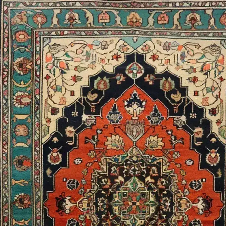Detailed view of the Verdant Haven Hand Knotted Area Rug showcasing its intricate Persian floral design. The rug features a vibrant mix of colors with rich red, deep blue, and lush green hues, typical of vintage rugs. Ideal as an 8x10 wool rug for living rooms, it brings a classic touch to any space.