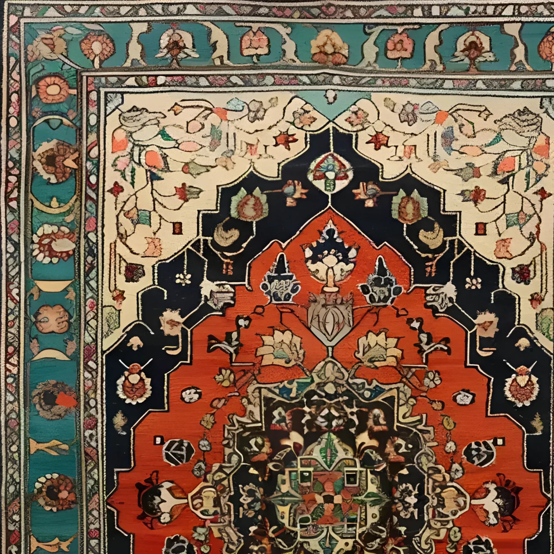 Detailed view of the Verdant Haven Hand Knotted Area Rug showcasing its intricate Persian floral design. The rug features a vibrant mix of colors with rich red, deep blue, and lush green hues, typical of vintage rugs. Ideal as an 8x10 wool rug for living rooms, it brings a classic touch to any space.