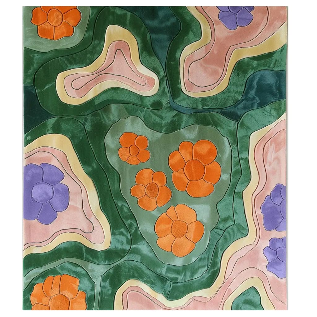 The Verdant Kaleidoscope Hand Tufted Wool Rug showcases a vibrant abstract design with green, orange, and purple floral patterns, perfect for adding a splash of color to any living room. This area rug, crafted from high-quality wool, is ideal for those seeking unique living room area rugs or area rugs for living room spaces.