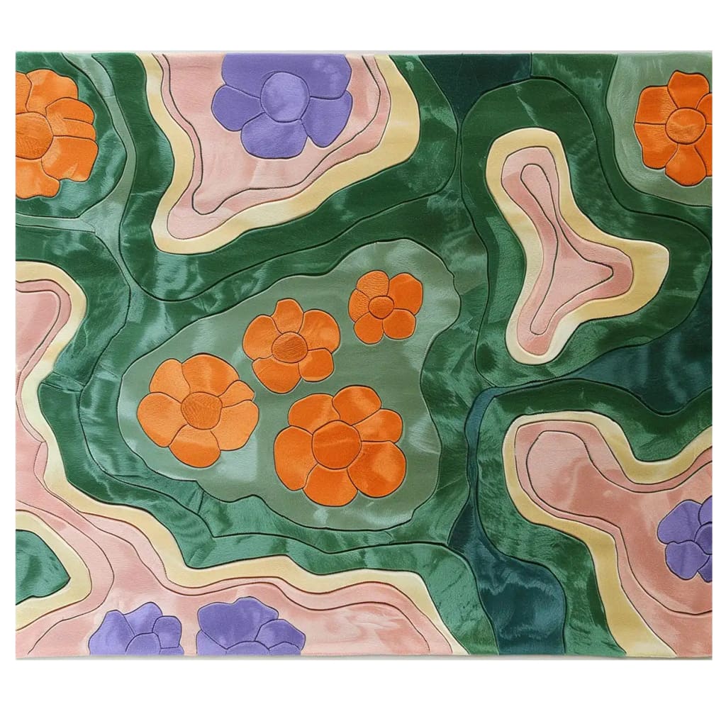 Top view of the Verdant Kaleidoscope Hand Tufted Wool Rug featuring vibrant abstract floral patterns in shades of green, orange, purple, and beige. This area rug adds a splash of color and style to living room spaces, making it an ideal choice for those seeking unique wool rugs for the living room.