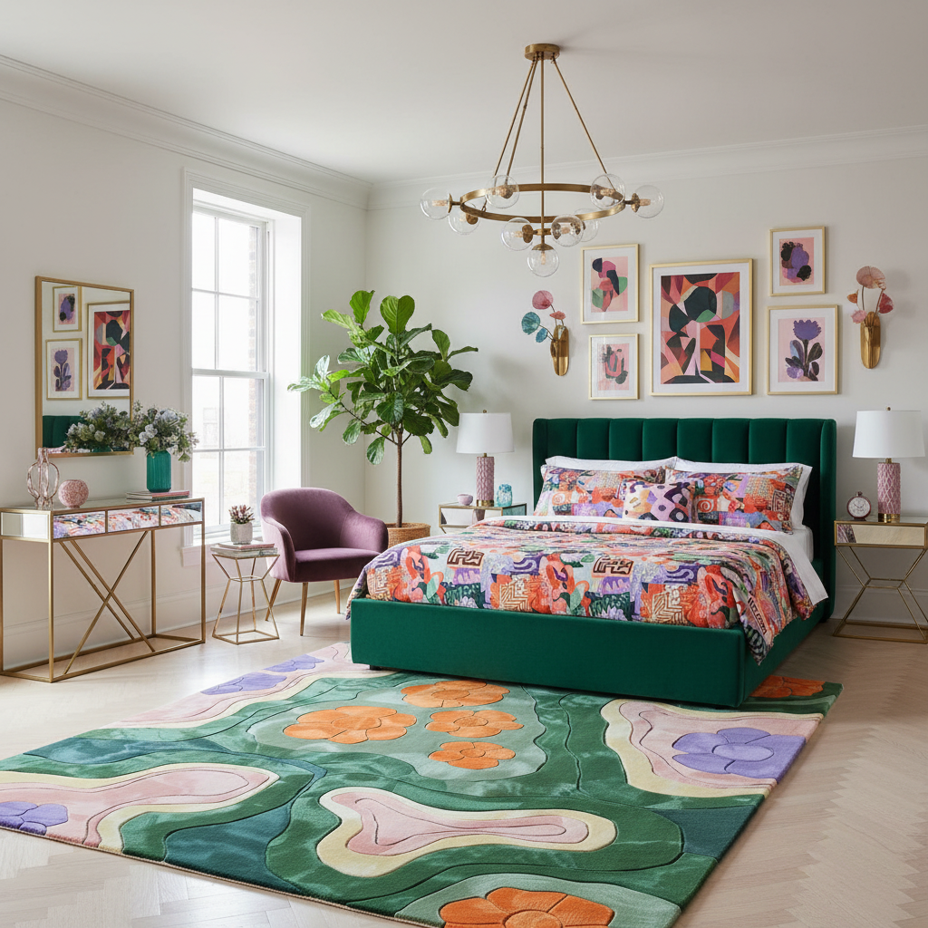 Colorful bedroom with a green bed, floral rug, and decorative elements.