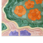 A vibrant and colorful area rug featuring an abstract floral design with orange, purple, and green hues. This hand-tufted wool rug adds a touch of modern elegance to any living room, making it an ideal choice for those seeking stylish area rugs for the living room.