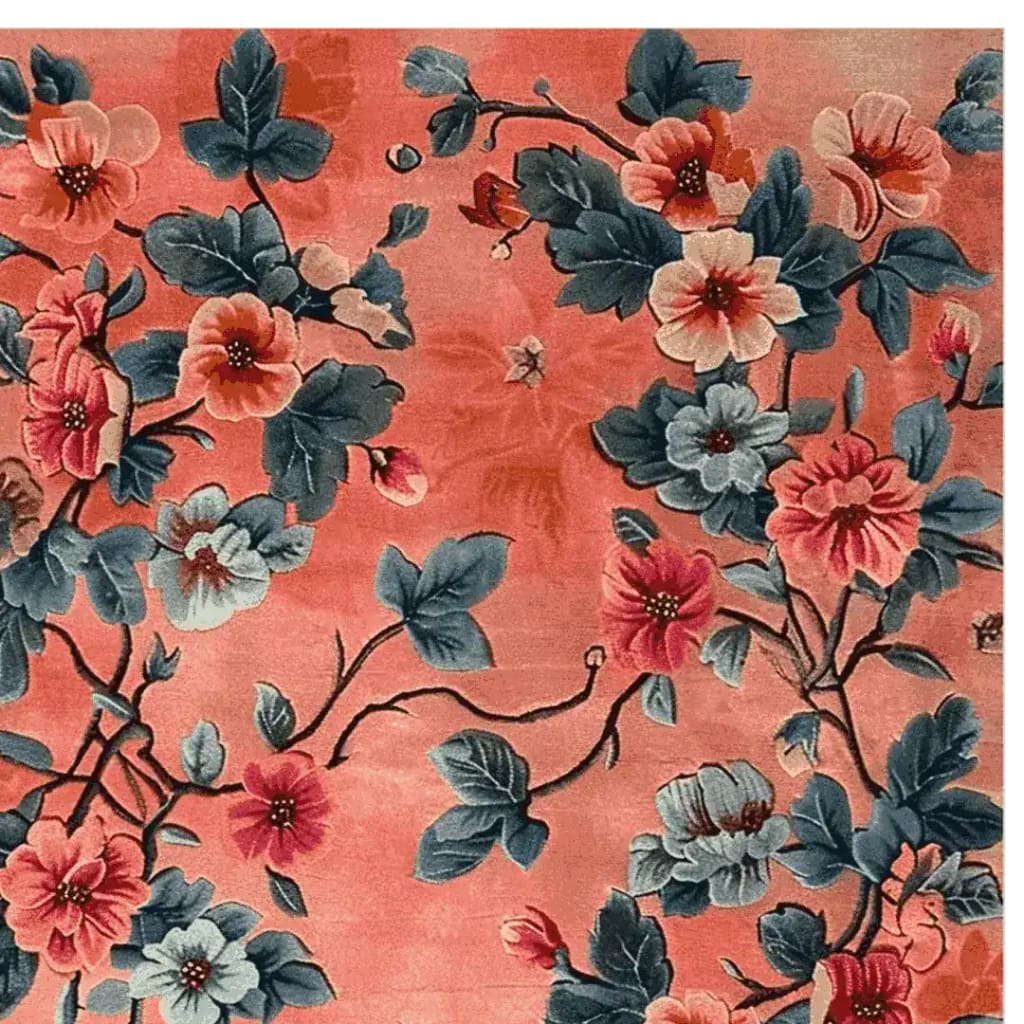 The Verdant Retreat Hand Knotted Rug features a stunning floral design with vibrant pink and blue flowers, perfect for adding a touch of elegance to large living room spaces. This wool area rug is ideal for both the bedroom and living room, sized at 8x10, offering a beautiful blend of colors and craftsmanship.