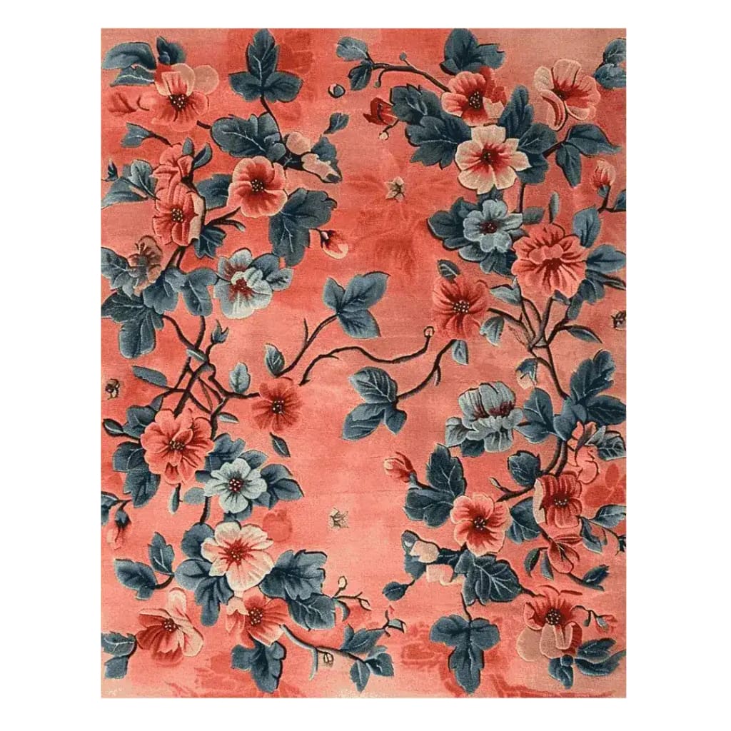 The Verdant Retreat Hand Knotted Rug is an elegant wool area rug perfect for large living rooms or bedrooms. This 8x10 floral rug features a vibrant design of lush blue and pink flowers on a warm background, adding a touch of nature and sophistication to any living space.