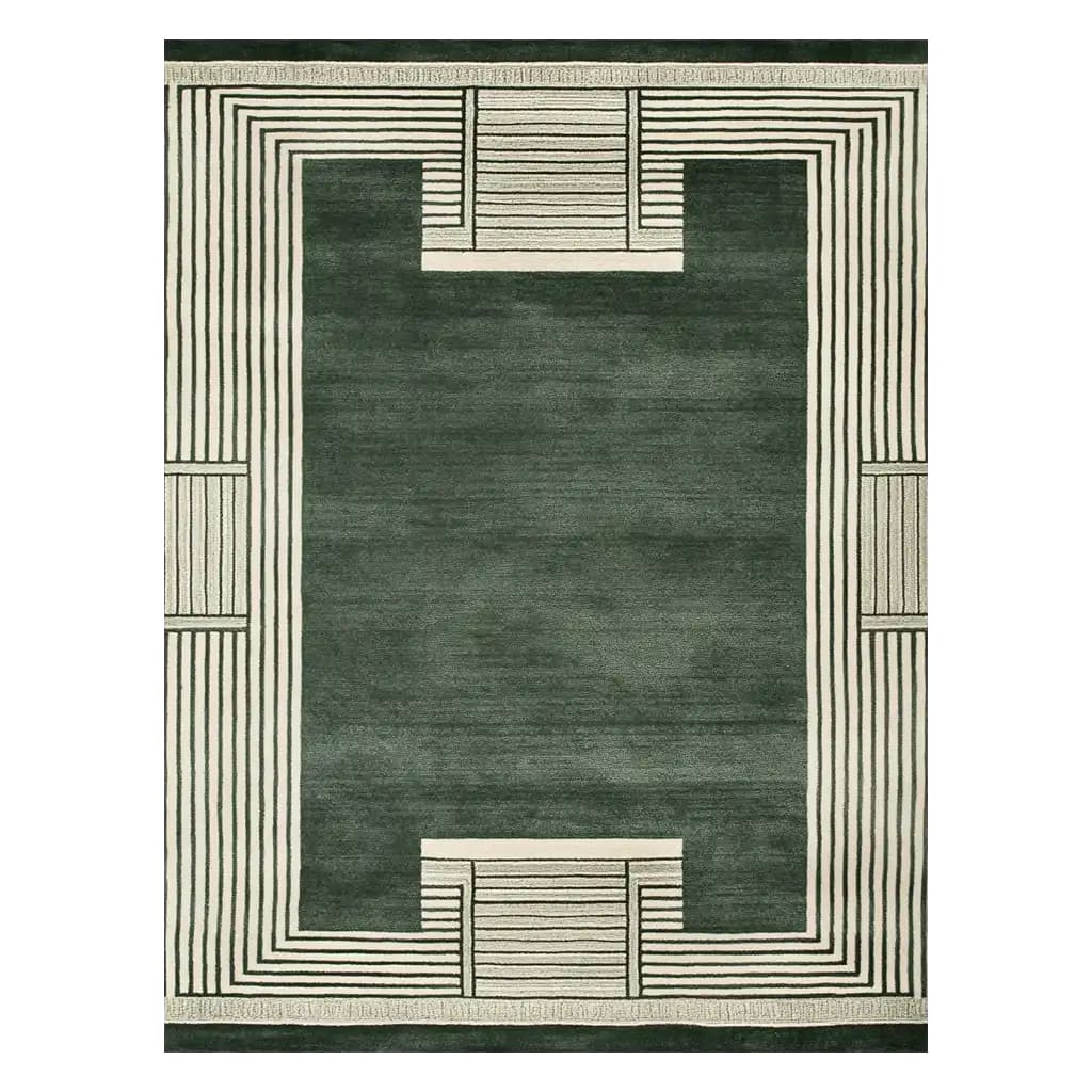 A stylish Verdant Sanctuary hand tufted wool rug, showcasing a contemporary design with bold geometric patterns. The area rug features a rich green center framed by cream linear borders, perfect for enhancing living room aesthetics.