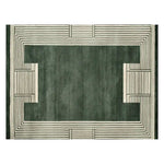 Top view of the Verdant Sanctuary Hand Tufted Wool Rug, a contemporary area rug perfect for living room decor. The wool rug features a rich green center framed by an intricate geometric pattern in cream, adding a modern touch to any space.