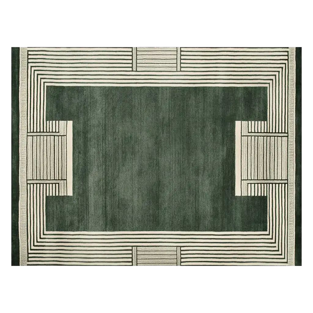 Top view of the Verdant Sanctuary Hand Tufted Wool Rug, a contemporary area rug perfect for living room decor. The wool rug features a rich green center framed by an intricate geometric pattern in cream, adding a modern touch to any space.