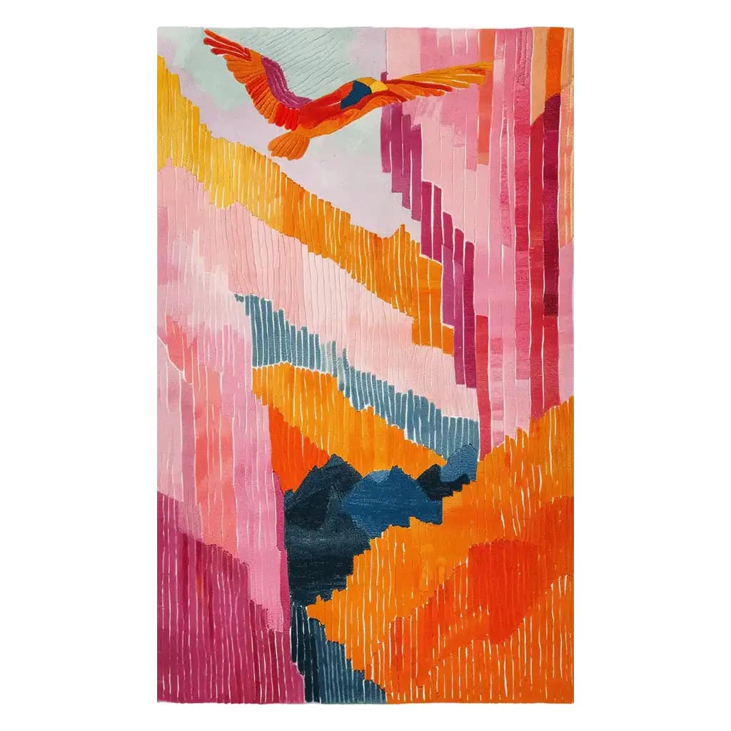 The Verdant Symphony Hand Tufted Wool Rug features a vibrant abstract design with bold colors including shades of pink, orange, and blue. This area rug, measuring 8x10, is perfect for adding a splash of color to living rooms. Ideal for those seeking stylish area rugs for living room spaces, this wool rug offers both beauty and comfort.