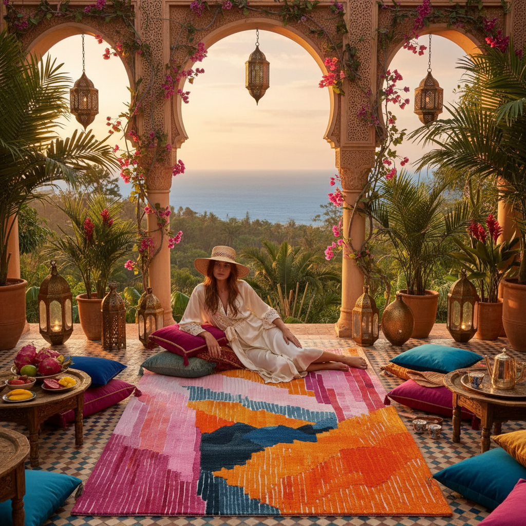 Woman sitting on a colorful rug in a decorative outdoor setting with ocean view