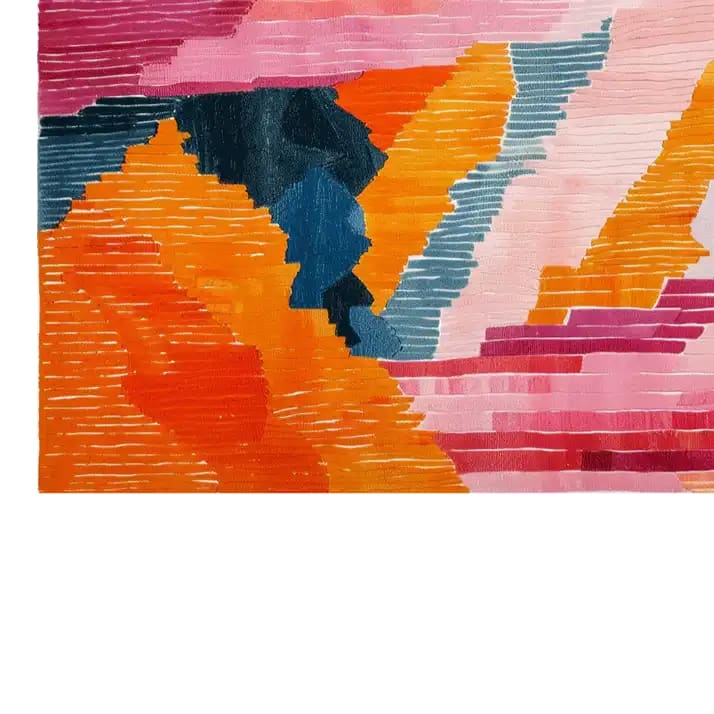 This vibrant area rug features a striking abstract design with bold colors, including deep blues, vivid oranges, and rich pinks. Perfect for adding a splash of color to your living room, this hand-tufted wool rug offers both comfort and style, fitting seamlessly into an 8x10 space. Ideal for those seeking unique and colorful area rugs for living room settings.