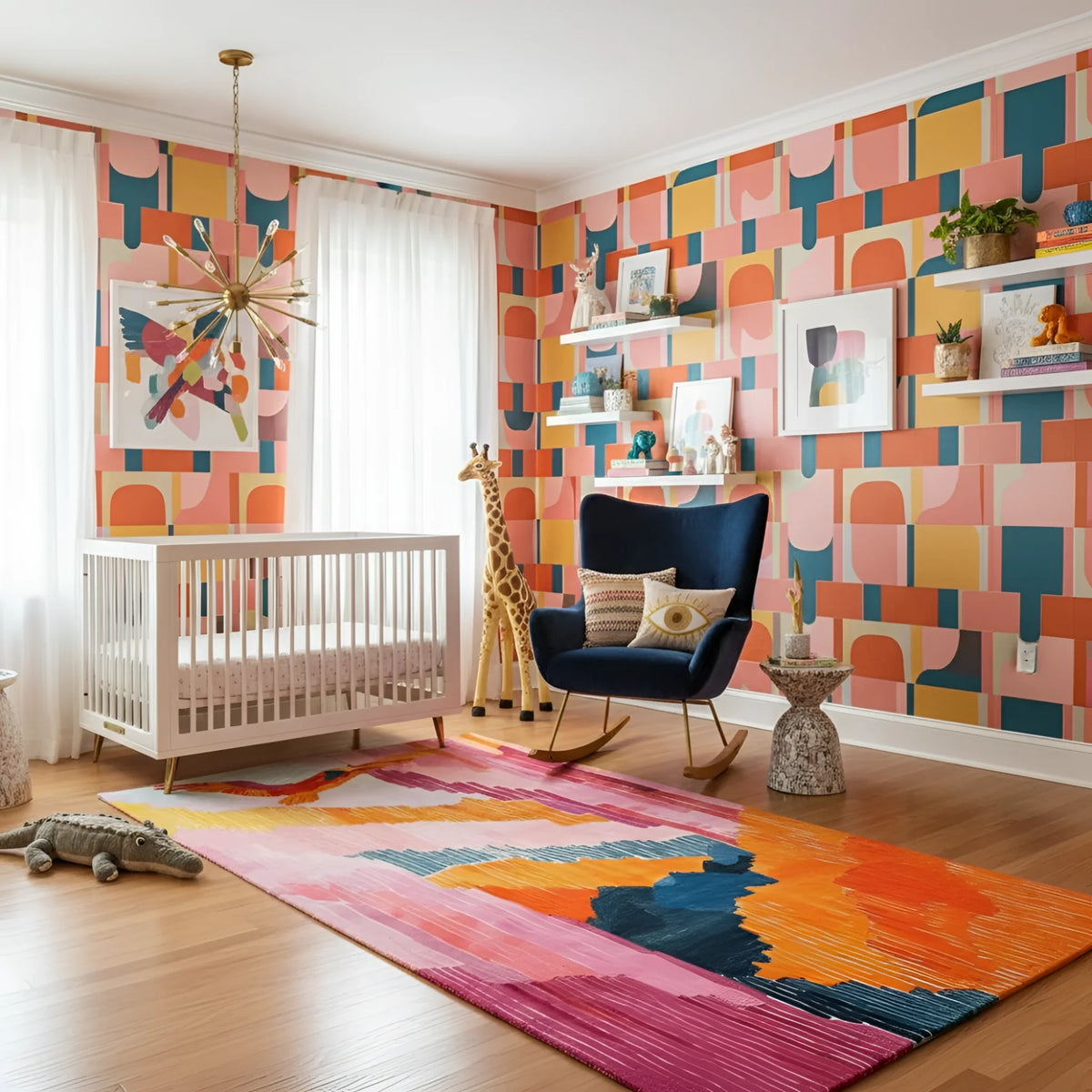 Colorful nursery with geometric wall patterns, a crib, and decorative rug.