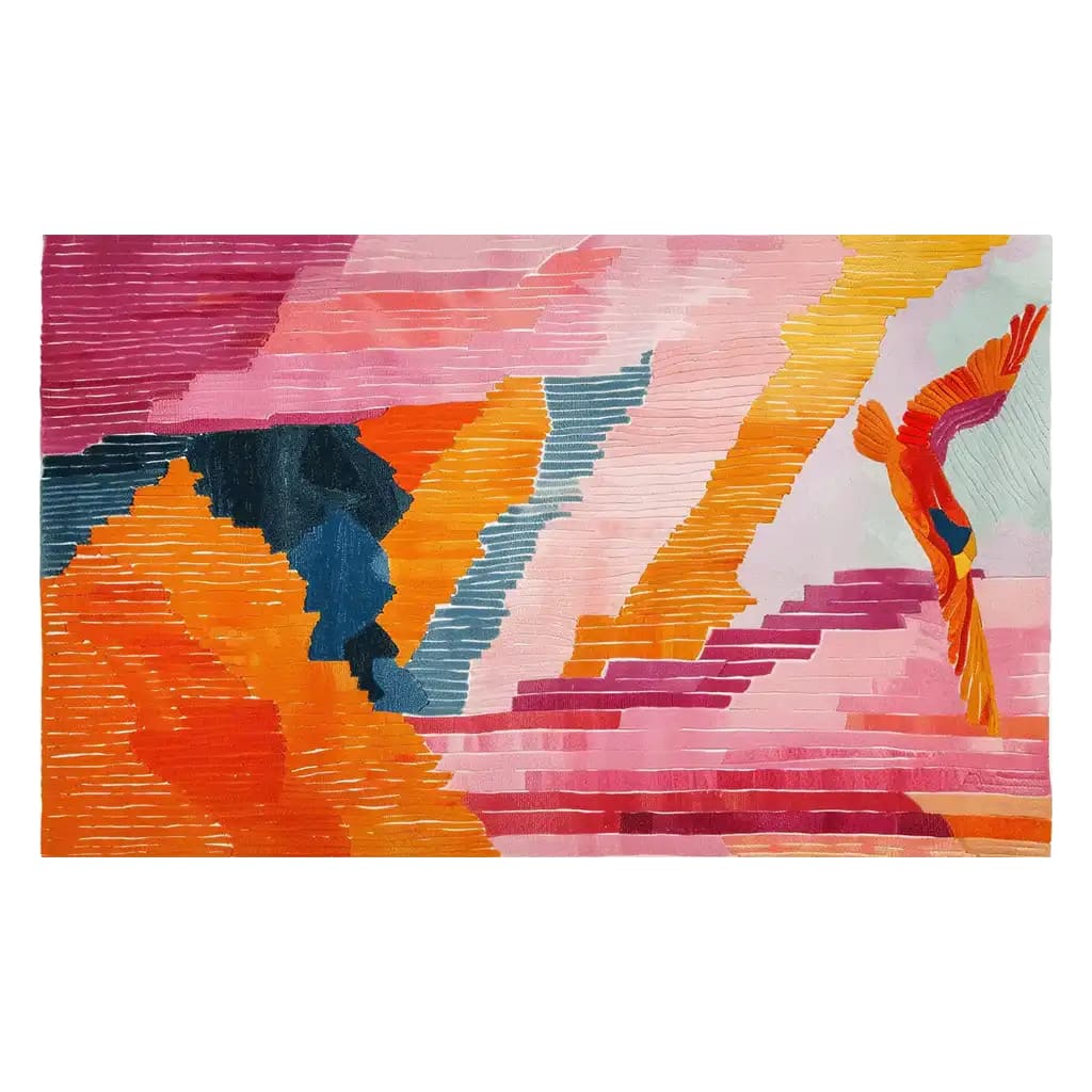 The Verdant Symphony Hand Tufted Wool Rug features a vibrant abstract design with bold colors like orange, pink, blue, and yellow, perfect for adding a splash of color to any living space. This area rug, measuring 8x10, is ideal for living rooms, offering a blend of artistic flair and comfort. Made from high-quality wool, it's a durable choice for those seeking beautiful area rugs for their living room.