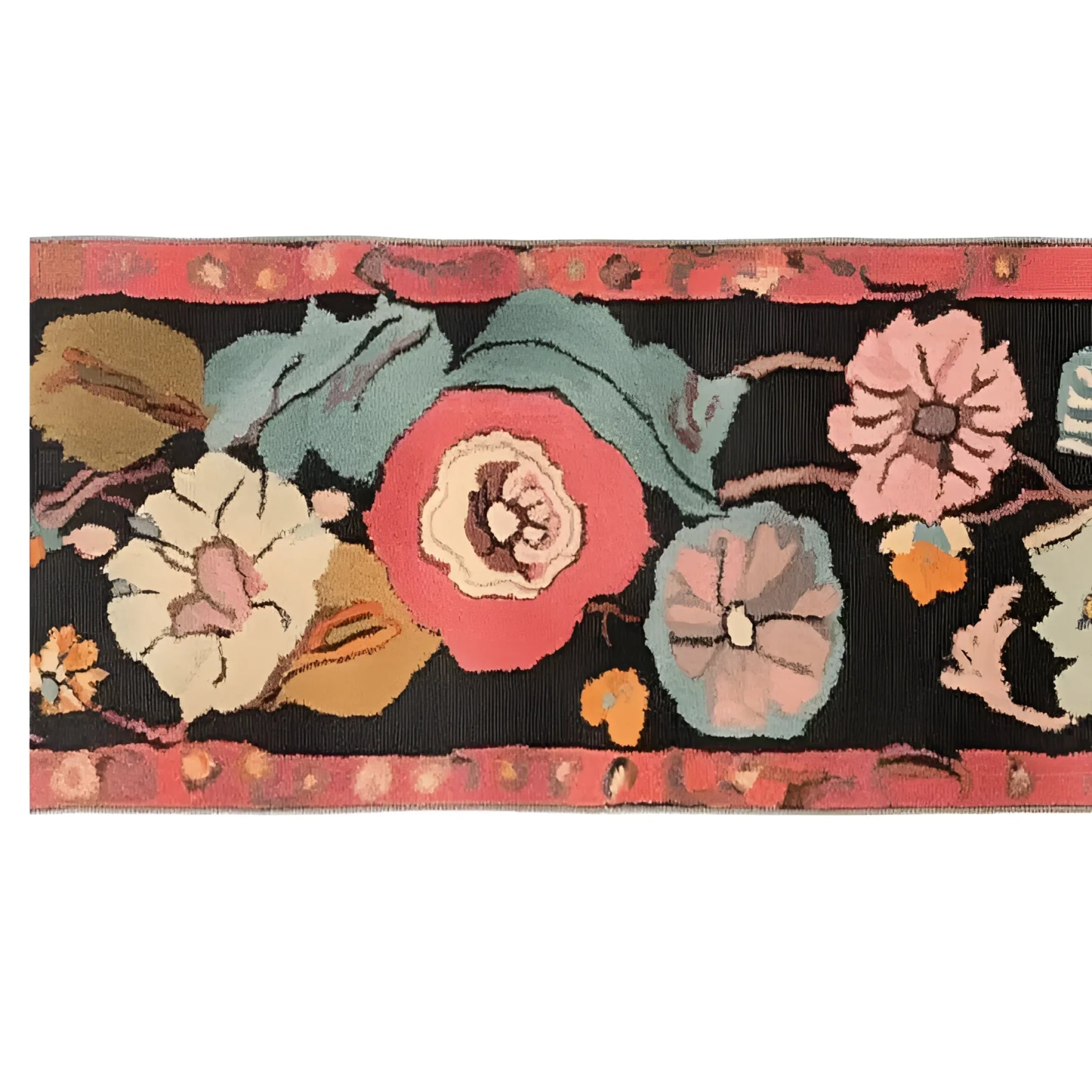 Top view of the Verdant Symphony Hand Tufted Wool Rug, showcasing a vibrant floral design with colorful blooms on a dark background. Perfect as a runner rug, it adds a pop of color and warmth to kitchens, hallways, or bathrooms.