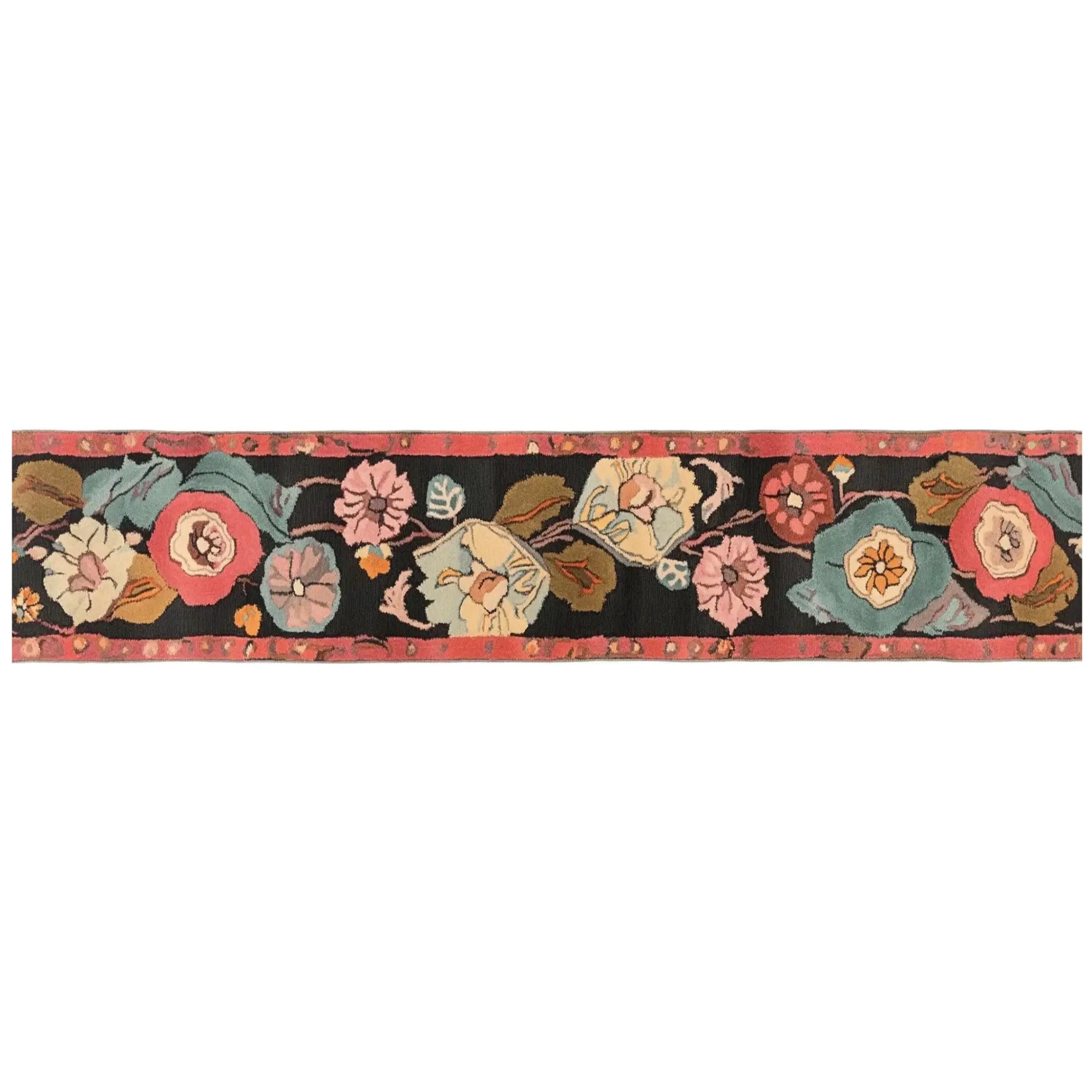 A vibrant wool runner rug featuring a symphony of floral designs in bold colors, perfect for adding a touch of elegance to kitchens, bathrooms, or hallways. This hand-tufted rug offers a luxurious feel, ideal as a kitchen runner or bathroom runner rug.