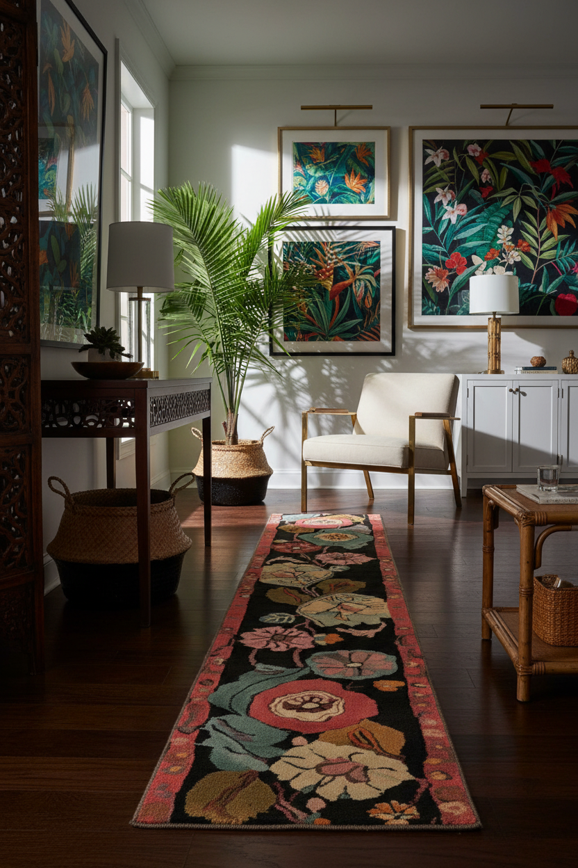 Living room with a floral rug, chairs, and decorative wall art.