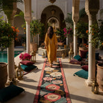 Woman in a yellow dress walking on a floral rug, through a decorative courtyard with plants and lanterns.