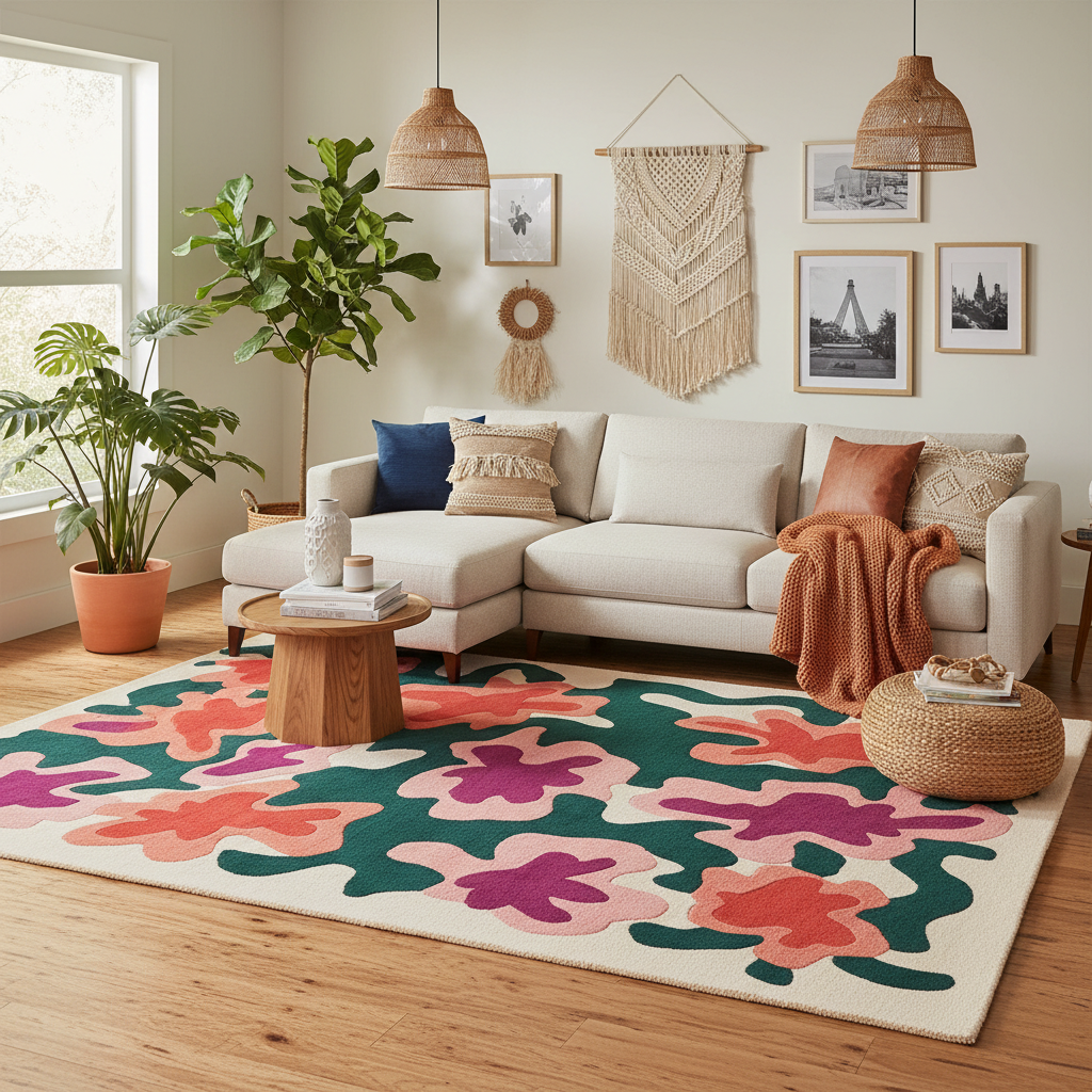 Living room with a colorful floral rug, white sofa, and decorative elements.