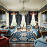 Luxurious living room with blue sofas, ornate rug, and chandelier.