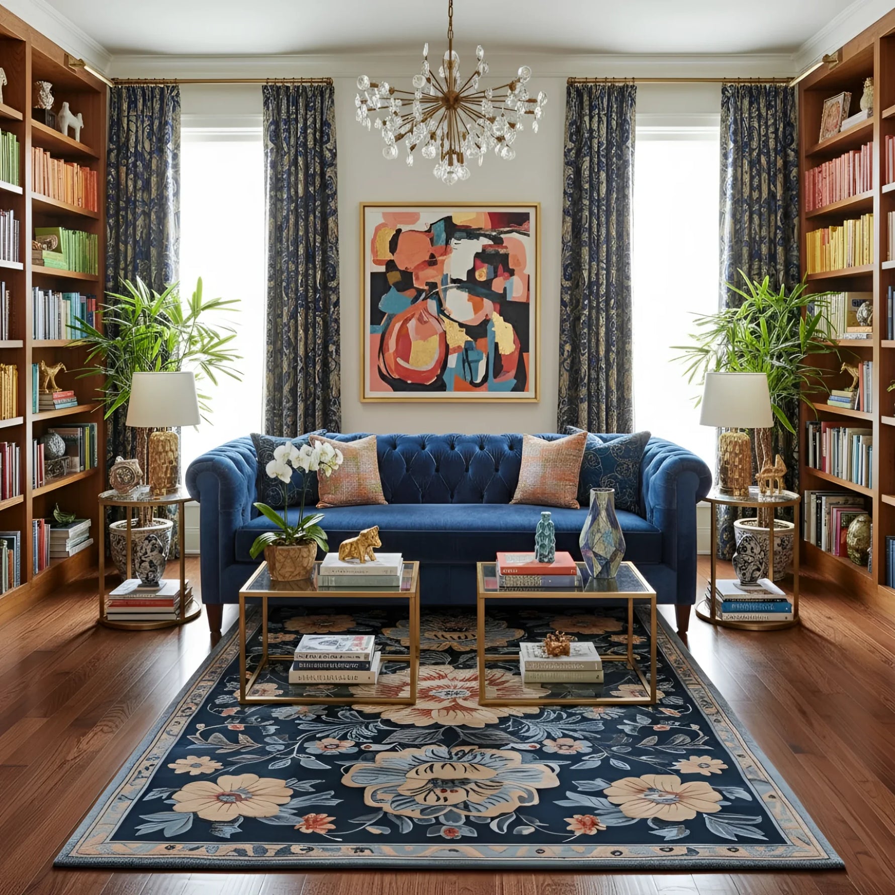 Living room with blue sofa, bookshelves, and decorative elements.