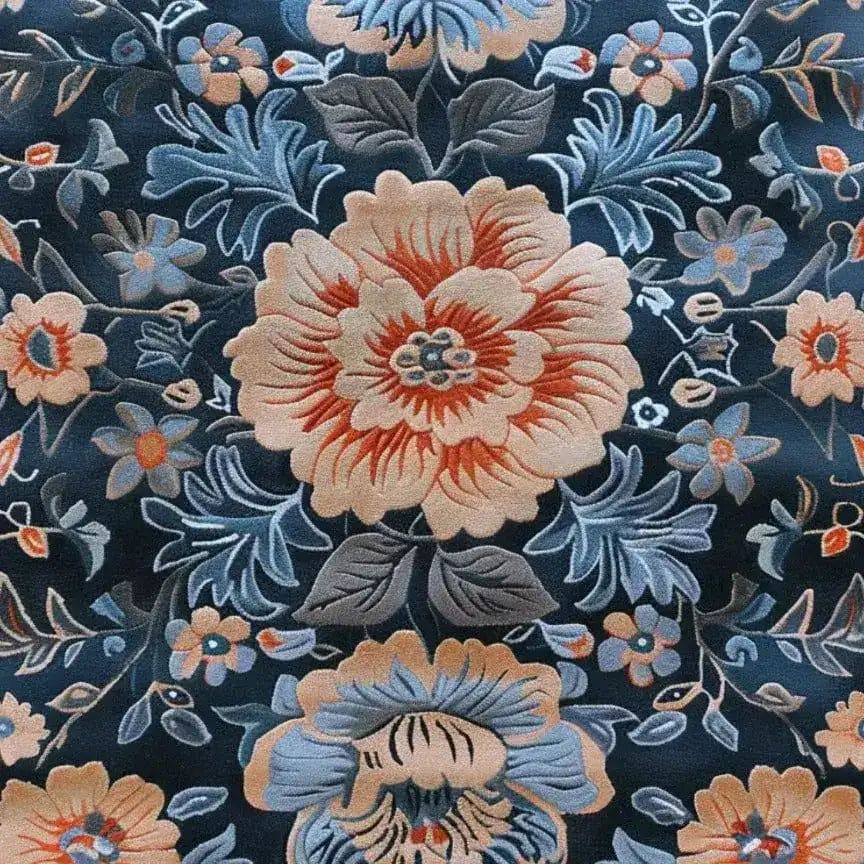 A close-up view of the Verdant Tapestry Hand Tufted Rug showcasing its intricate floral design. This vintage wool area rug features vibrant blue and orange flowers against a dark background, perfect for enhancing any dining room with elegance and style.